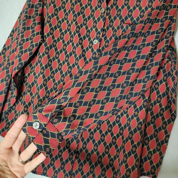 Vintage Cathy Che Blouse 1X Button Front Shoulder Pads Long Sleeve Red Blue Geo - Picture 6 of 10